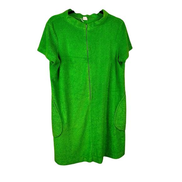None Dresses & Skirts - Vintage 70s Terrycloth Dress Mod Mini Emerald Green Zip Up Front 2 Pockets